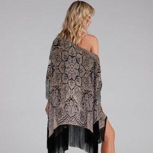 HALE BOB Silk Velvet Burnout Kimono with Fringe Sz L Black/Blush